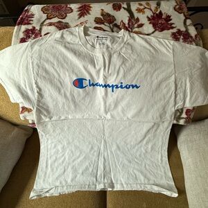 Men Champion White Tee with Blue Logo and Red Accent XL